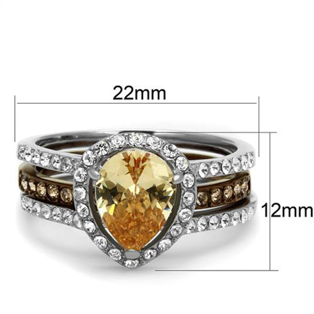 ARTK2961 Two Toned Stainless Steel 2.08 Ct Pear Cut Champagne Zirconia Wedding Ring Set